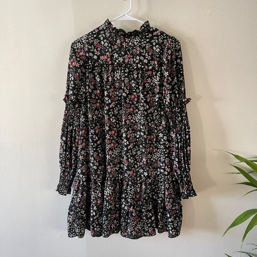 Lea & Viola Prairie Dress Small S Black Floral Cottagecore Boho Smocked Mini